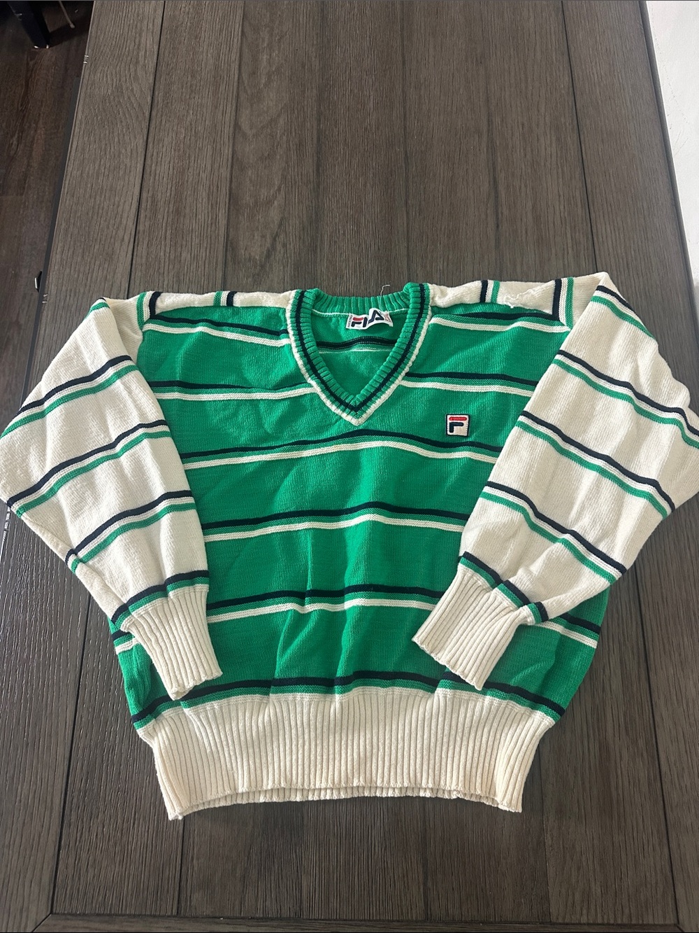 Fila Green and Cream Striped V-Neck Sweater